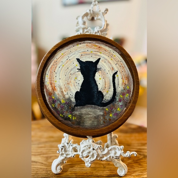 OOAK Original Artwork - Black Cat Full Moon - Halloween Painting - Cat Familiar - Picture 1 of 7